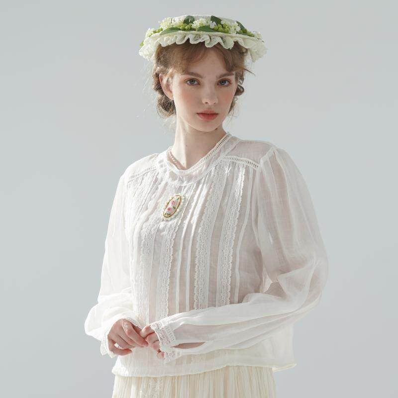 Embroidery Rose - Bluzka damska z ramii 100%, cienka,