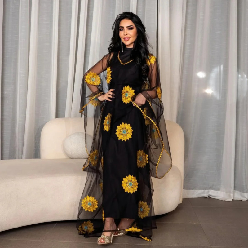 Embroidery Yellow Dress - Długa, elegancka sukienka wieczorowa z kwiatowym